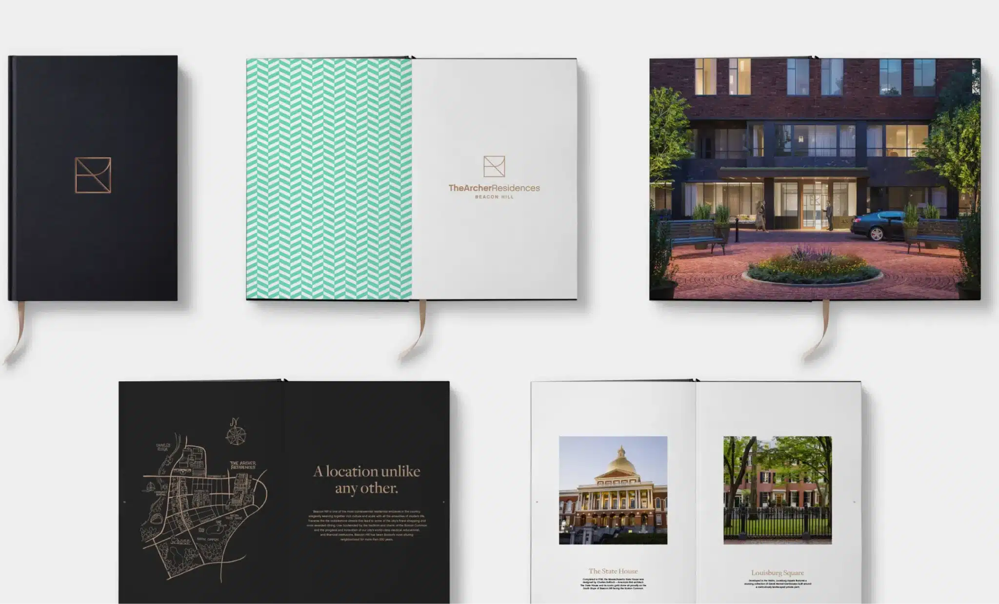 High-end brochure displaying a location map, branding details, and refined interior design images