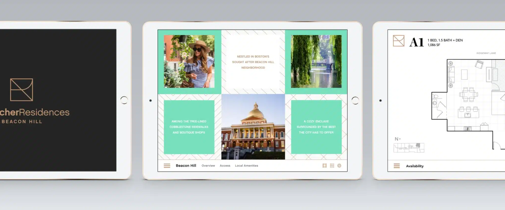 Digital presentation of a luxury real estate development on a sleek tablet interface