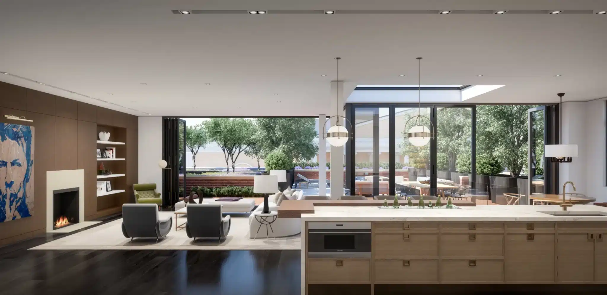 Spacious modern living area with an open floor plan, large windows, and stylish furnishings