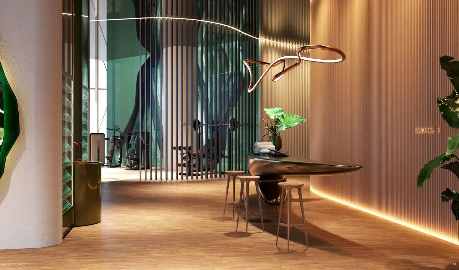 High-end fitness center featuring premium equipment, a spa entrance, and elegant design