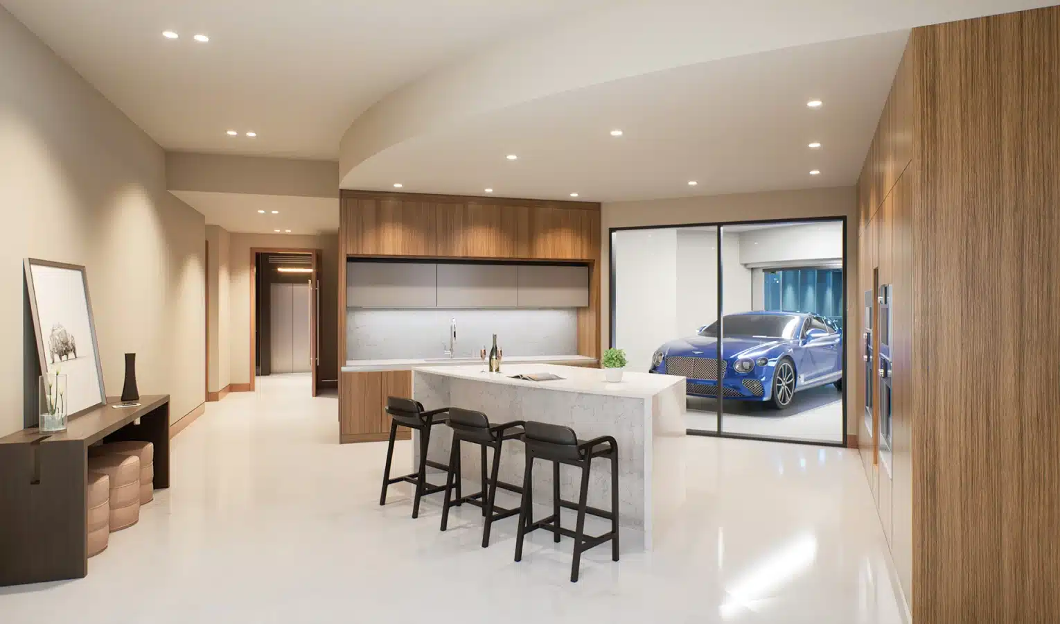 Luxury kitchen with sleek wooden cabinets, marble countertops, and a private in-unit car garage