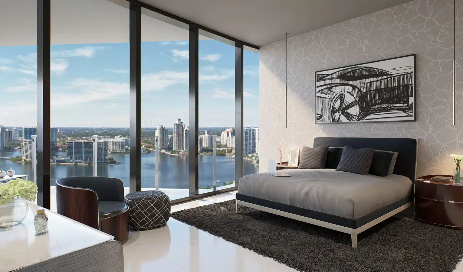 Modern penthouse bedroom with sleek furniture, warm lighting, and panoramic city views