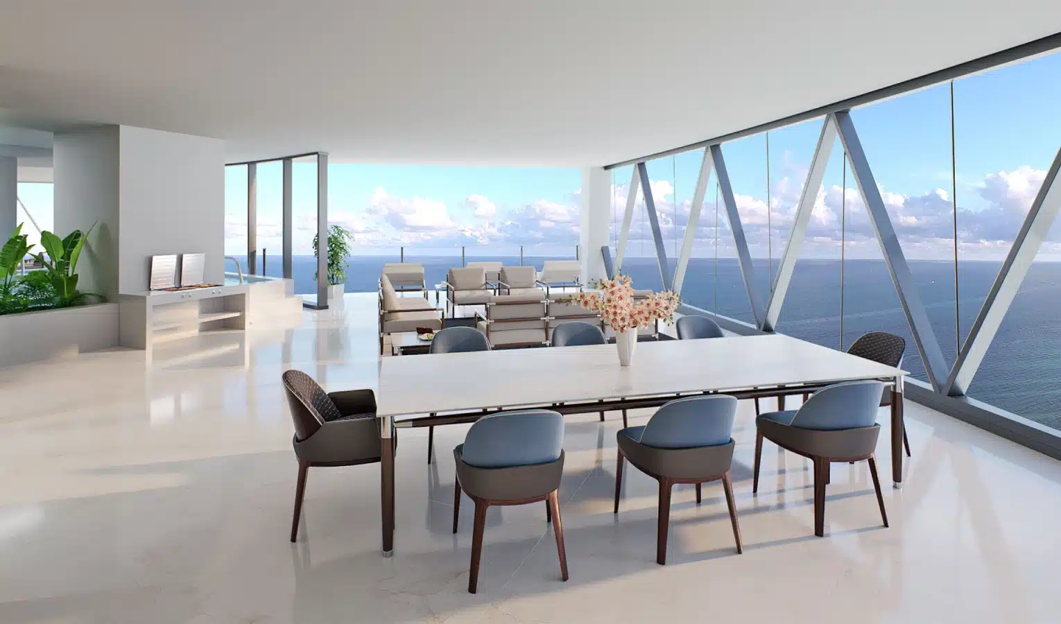 Spacious high-rise dining area with floor-to-ceiling glass walls and ocean-facing views