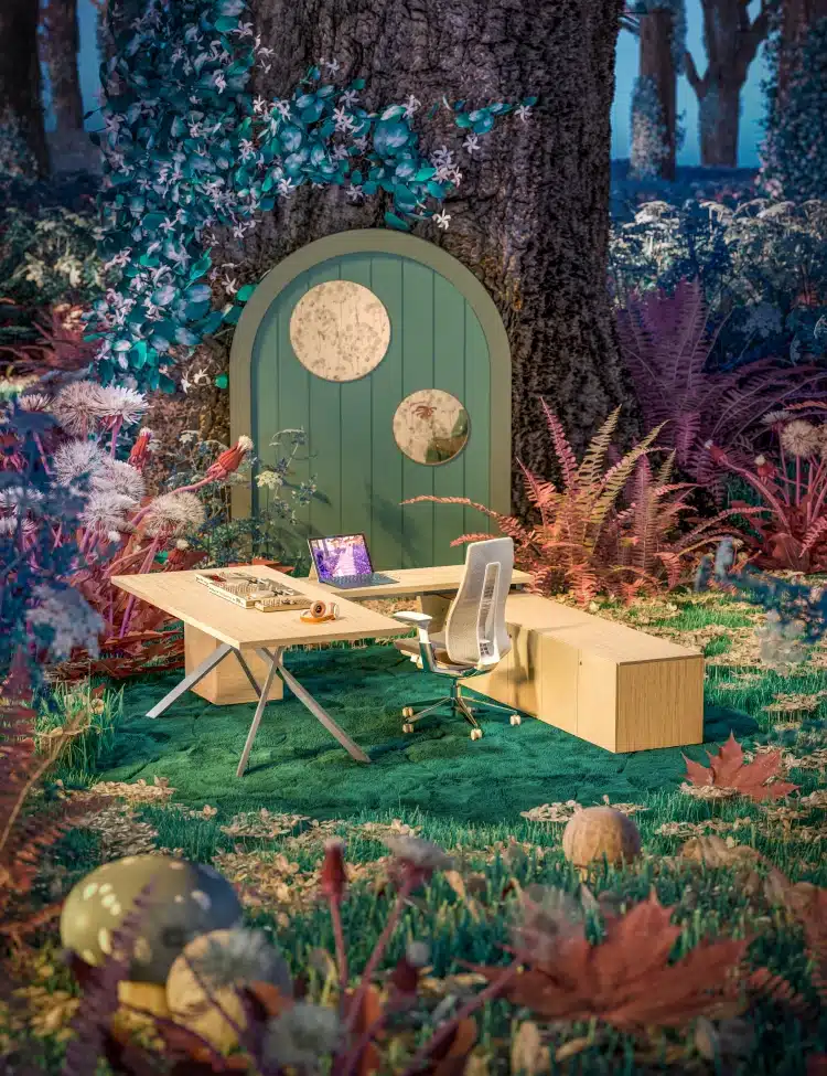 Magical forest office featuring a modern ergonomic chair and an arched doorway in an ancient tree