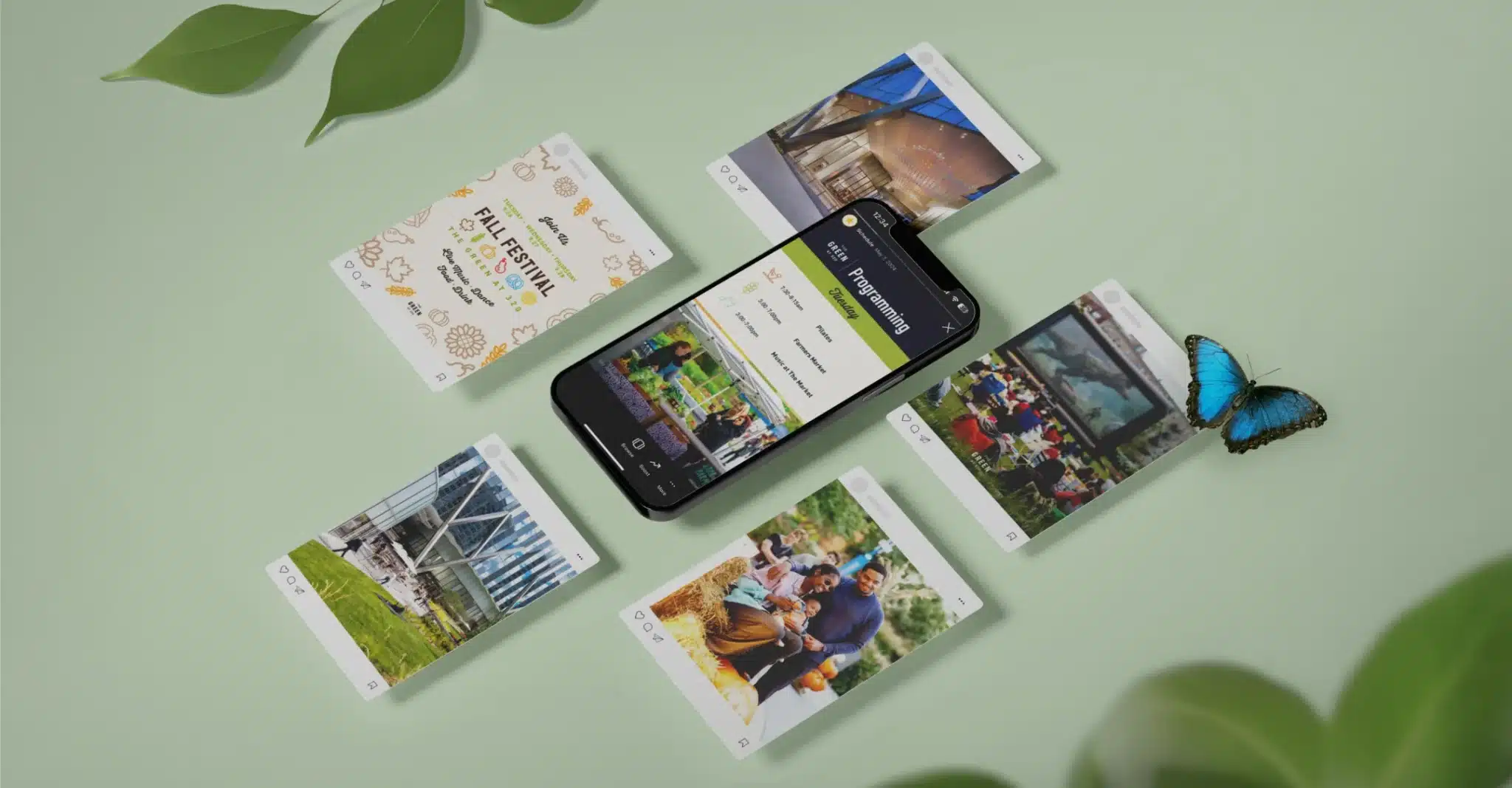 Smartphone displaying The Green app surrounded by event-themed Instagram post mockups and blue butterfly