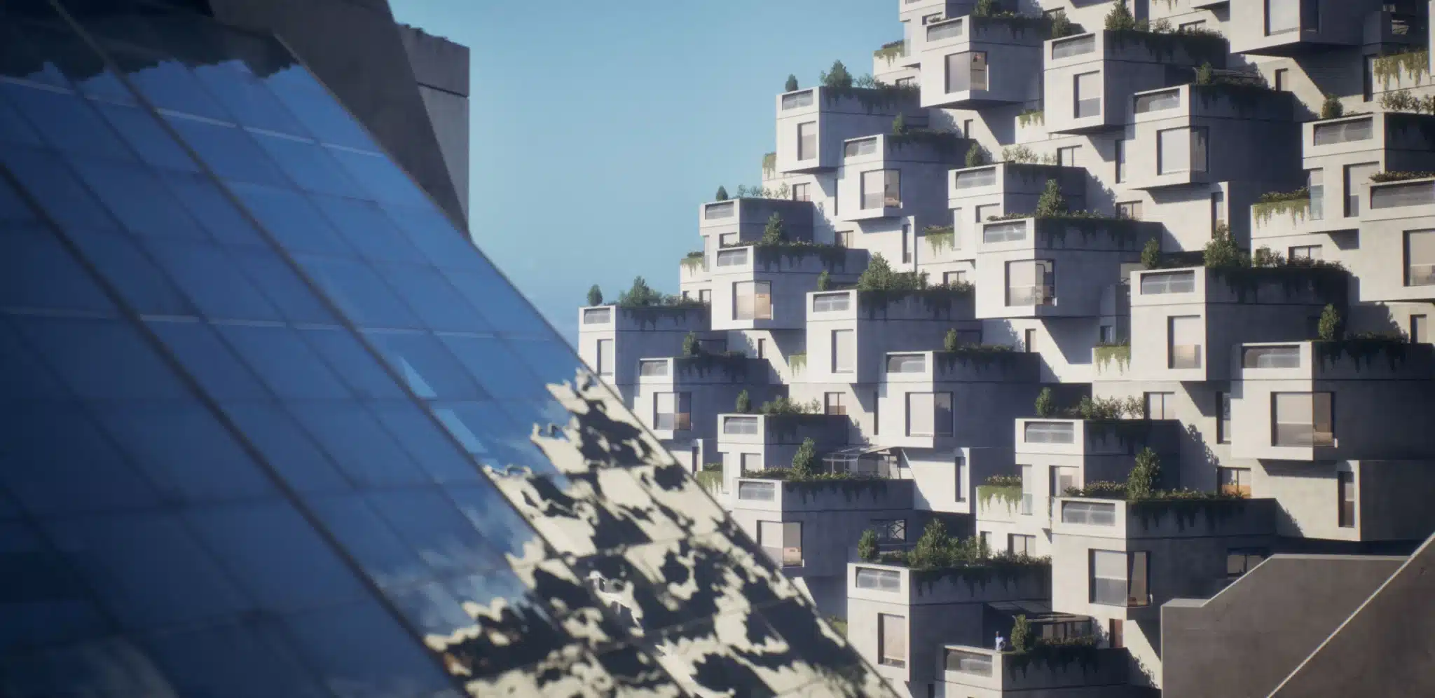 Abstract view of Habitat 67's geometric facade with glass panels reflecting nearby architectural elements