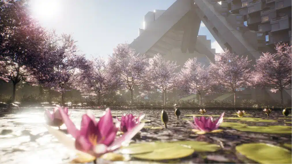Tranquil pond filled with water lilies beneath Habitat 67’s bold angular structures and pink blossom trees