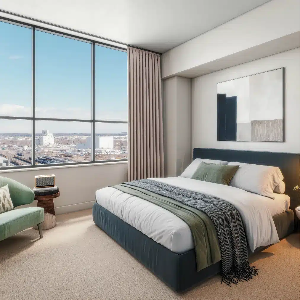 Modern bedroom interior with large window, city views, and stylish minimalist decor