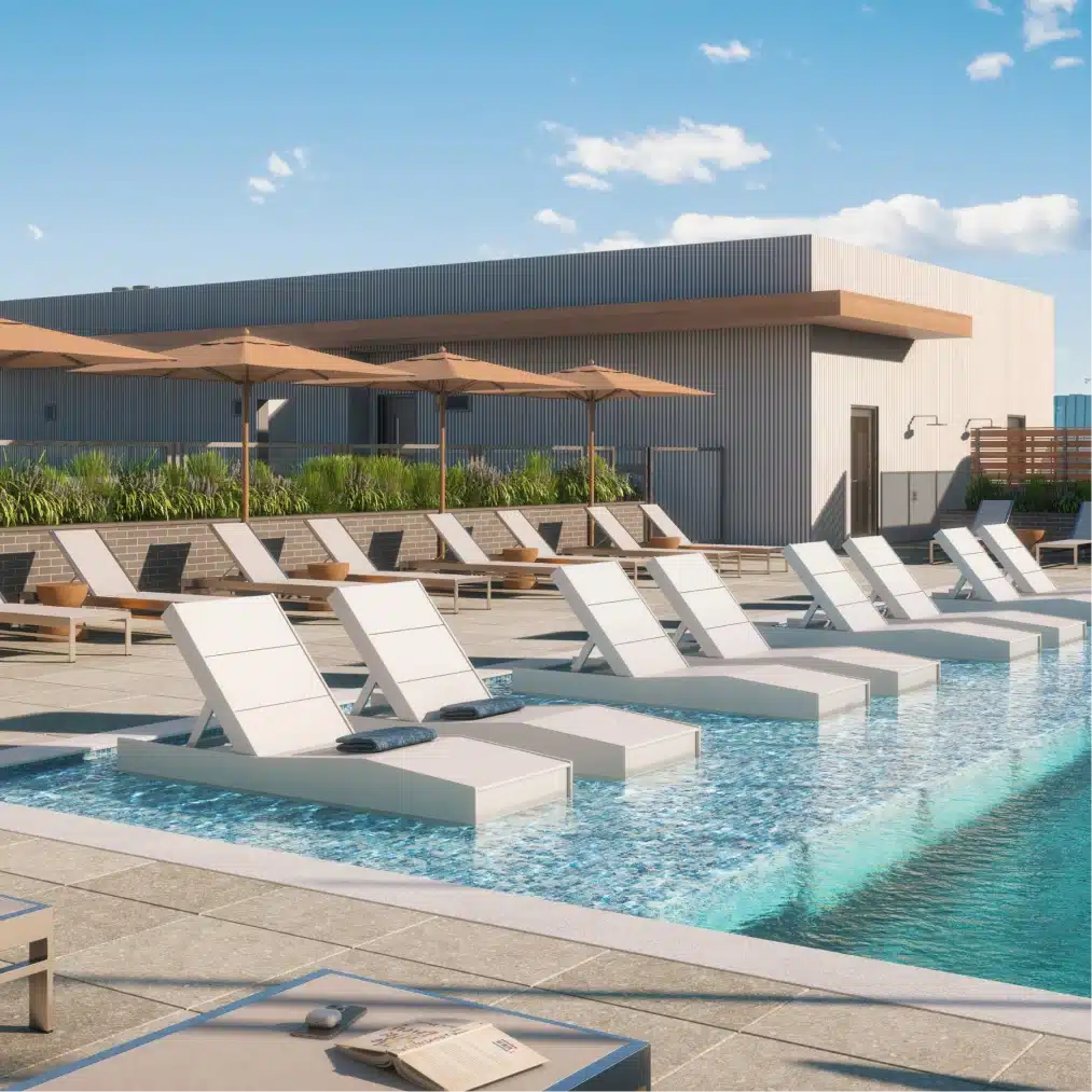 Modern rooftop patio with tiled flooring, umbrellas, and stylish poolside furniture arrangement