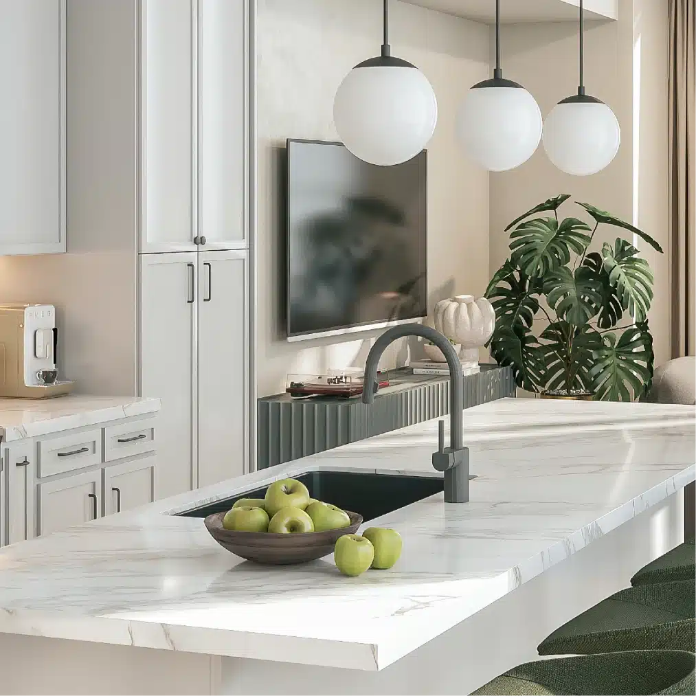 Sunlit modern kitchen island with marble countertop, green apples, and matte grey faucet