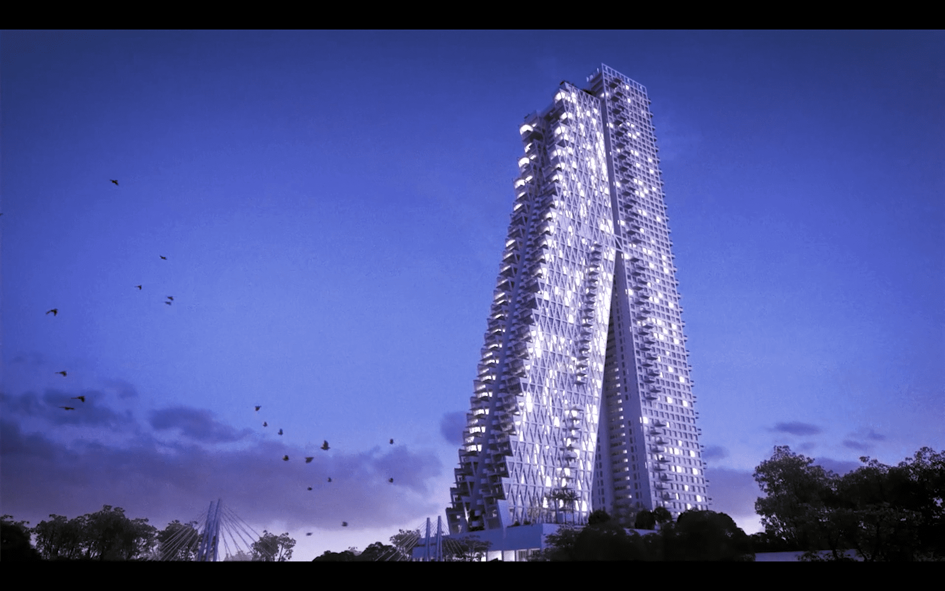 Futuristic high-rise building with dramatic lighting against a twilight sky with birds flying nearby