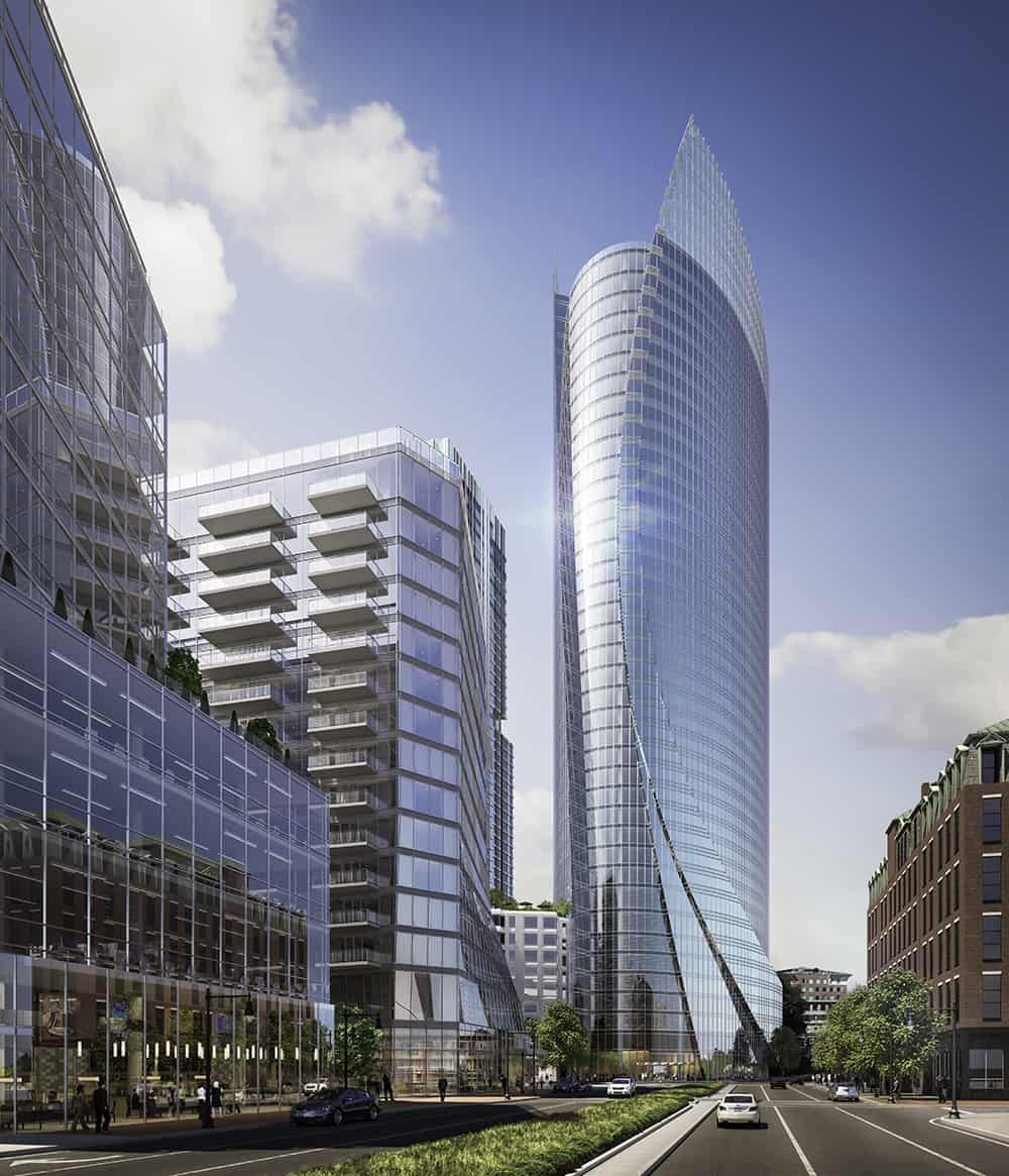 Futuristic glass skyscraper with curved façade towering over modern urban street scene