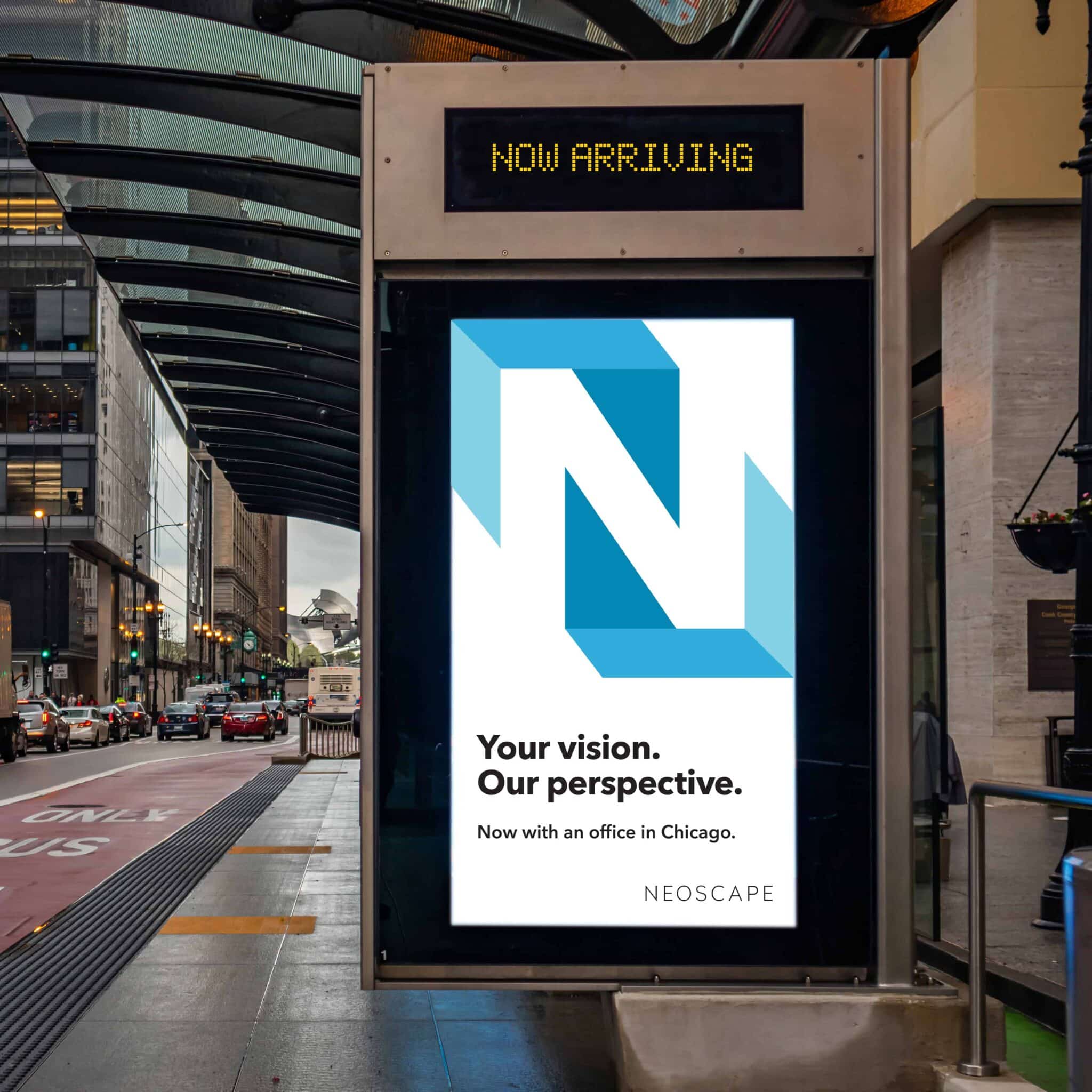 Neoscape digital ad on city transit display announcing new Chicago office location