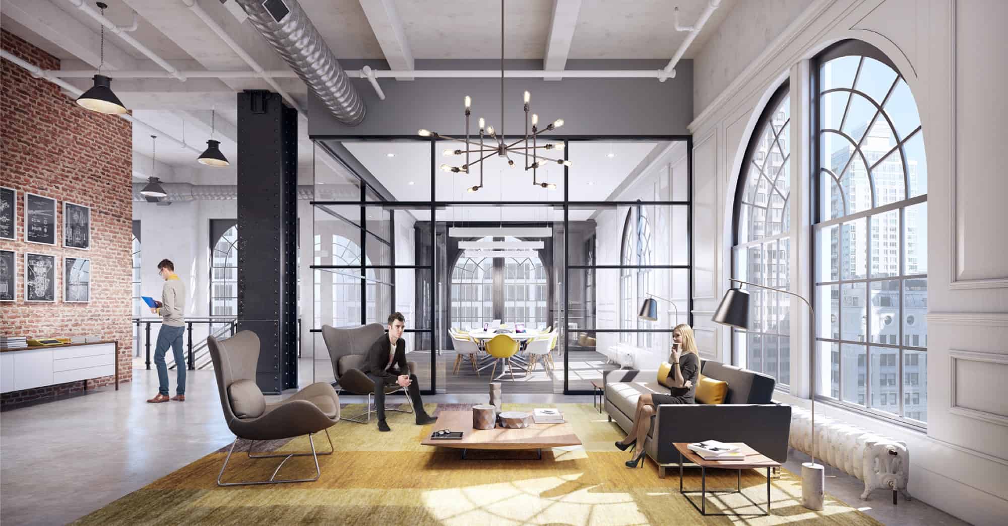 Industrial-style office with exposed brick, modern furniture, and floor-to-ceiling arched windows