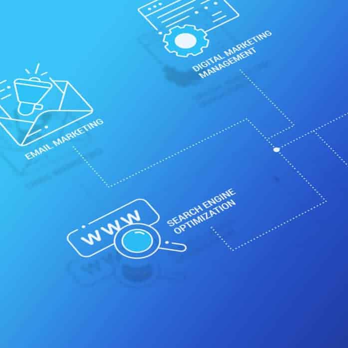 Digital graphic showing icons for SEO, email marketing, and digital campaign management services