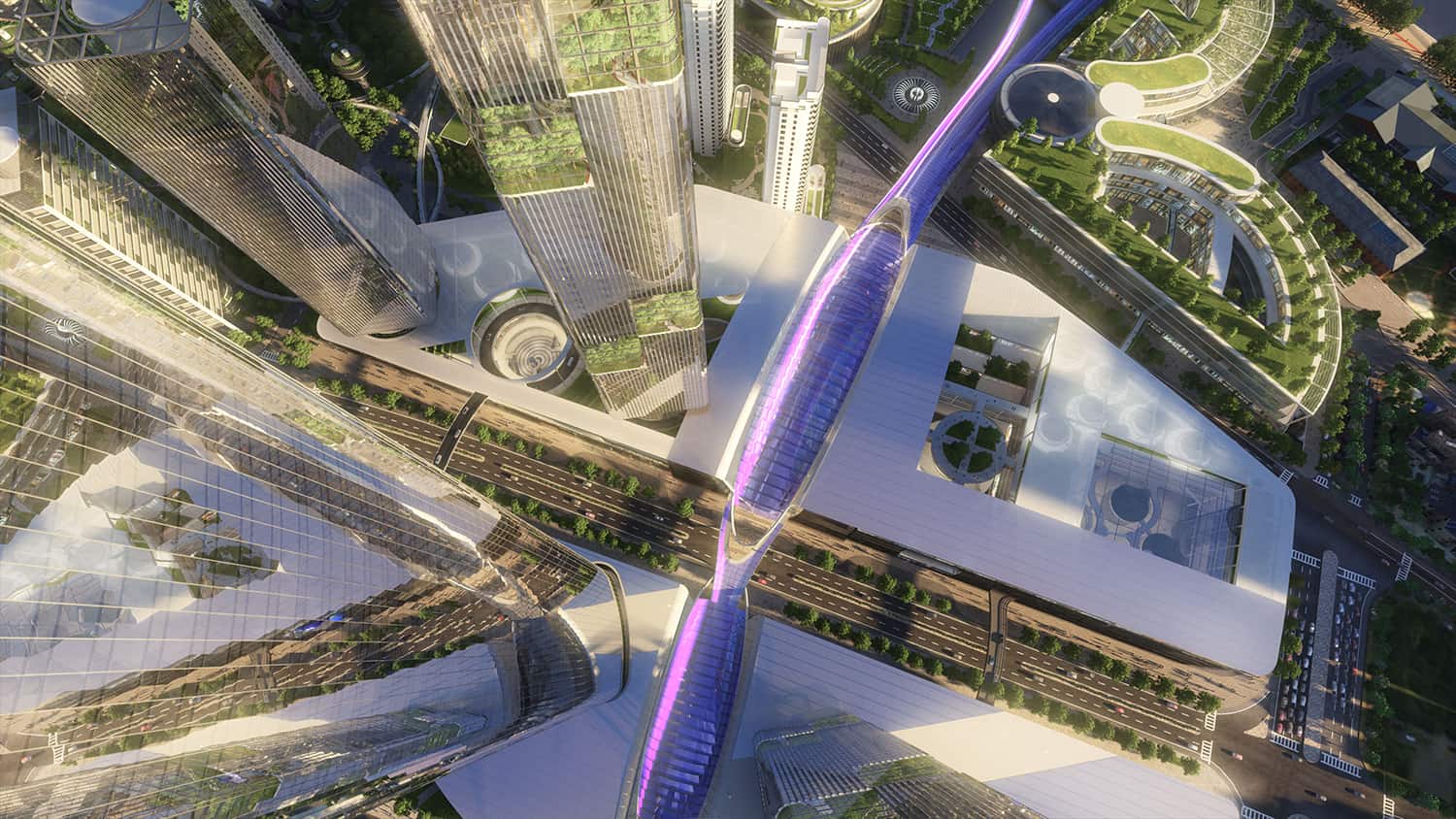 Aerial view of futuristic cityscape with towering green skyscrapers and sweeping glass skybridge