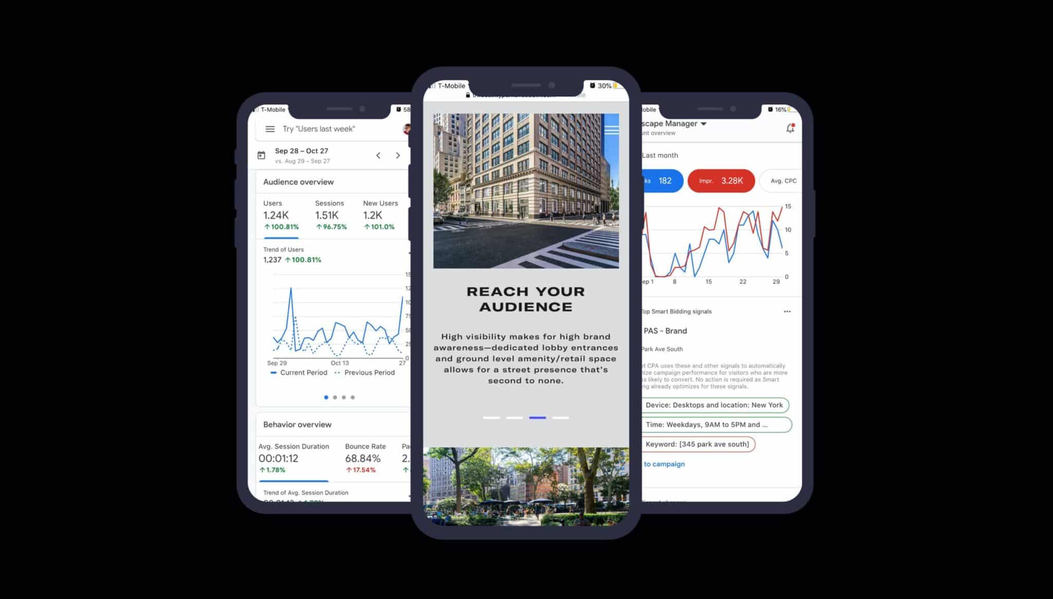 Trio of smartphones displaying analytics, marketing insights, and real estate branding content