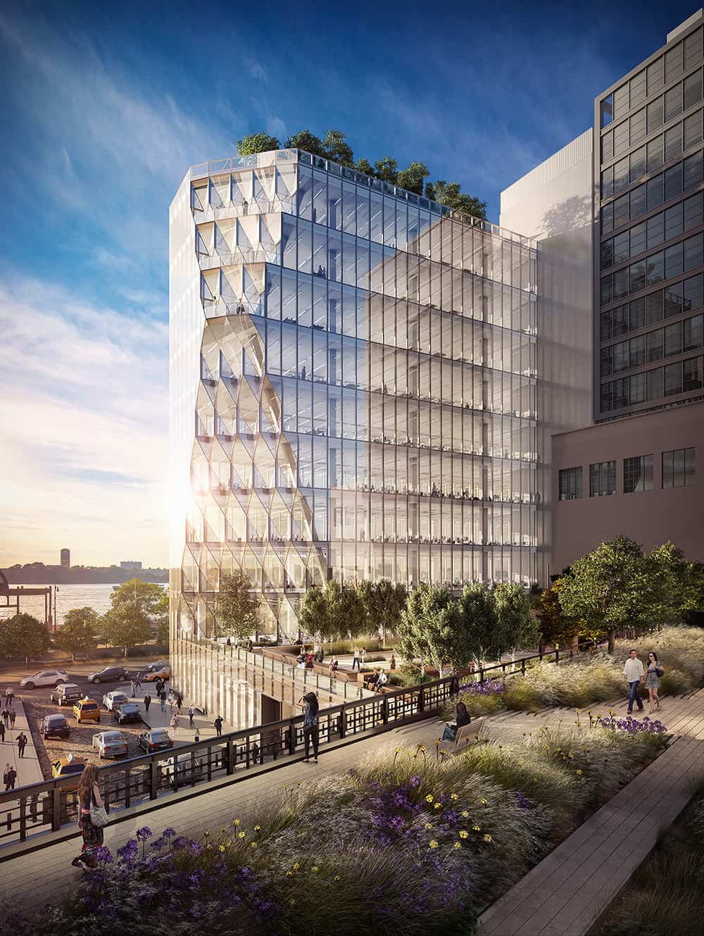 Architectural rendering of glass office tower beside New York High Line with sunset backdrop