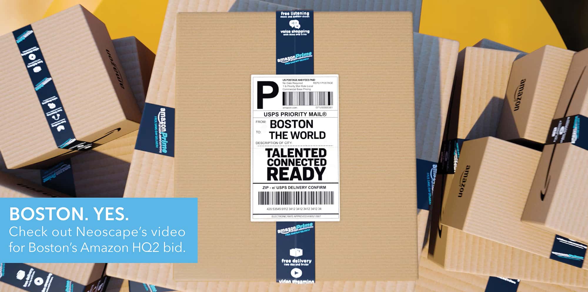 USPS-labeled Amazon box promoting Boston’s Amazon HQ2 bid with bold graphic text