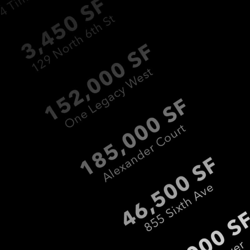 Slanted black background featuring commercial square footage statistics and project names in bold white text