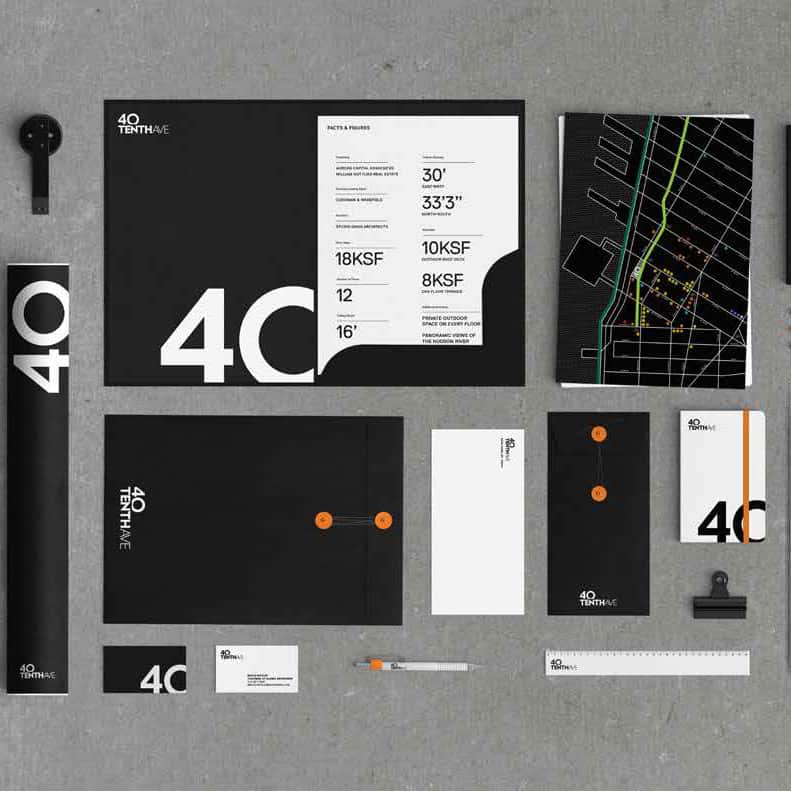 Branded stationery layout for 40 Tenth Ave including folders, maps, and fact sheets on concrete