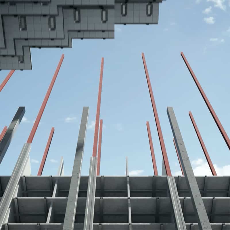 Urban construction site with steel beams and vertical red rods pointing skyward under blue sky