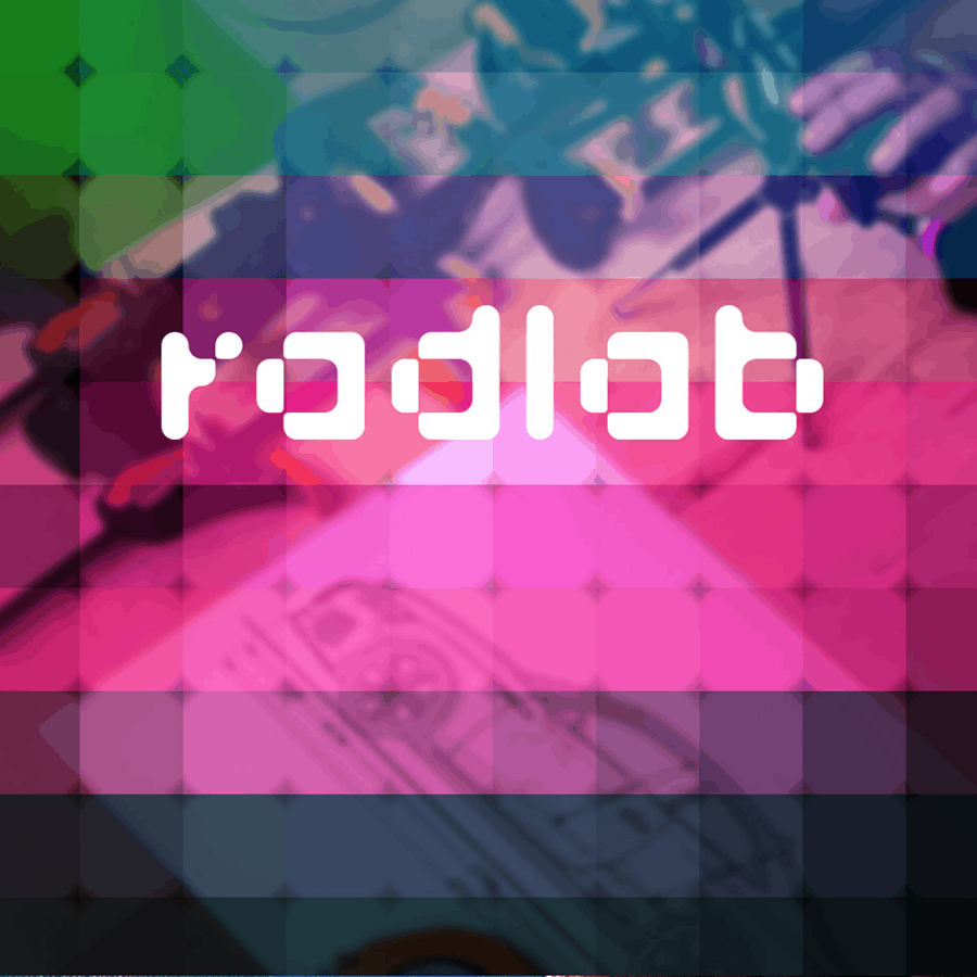 Colorful digital grid overlay with the white Radlab logo centered over a blurred creative workspace
