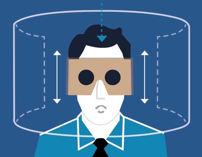 Illustration of man in blue shirt using cardboard VR headset inside a 360-degree environment