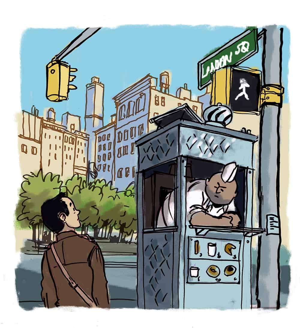 Whimsical illustrated street scene with coffee vendor and curious customer near traffic signal