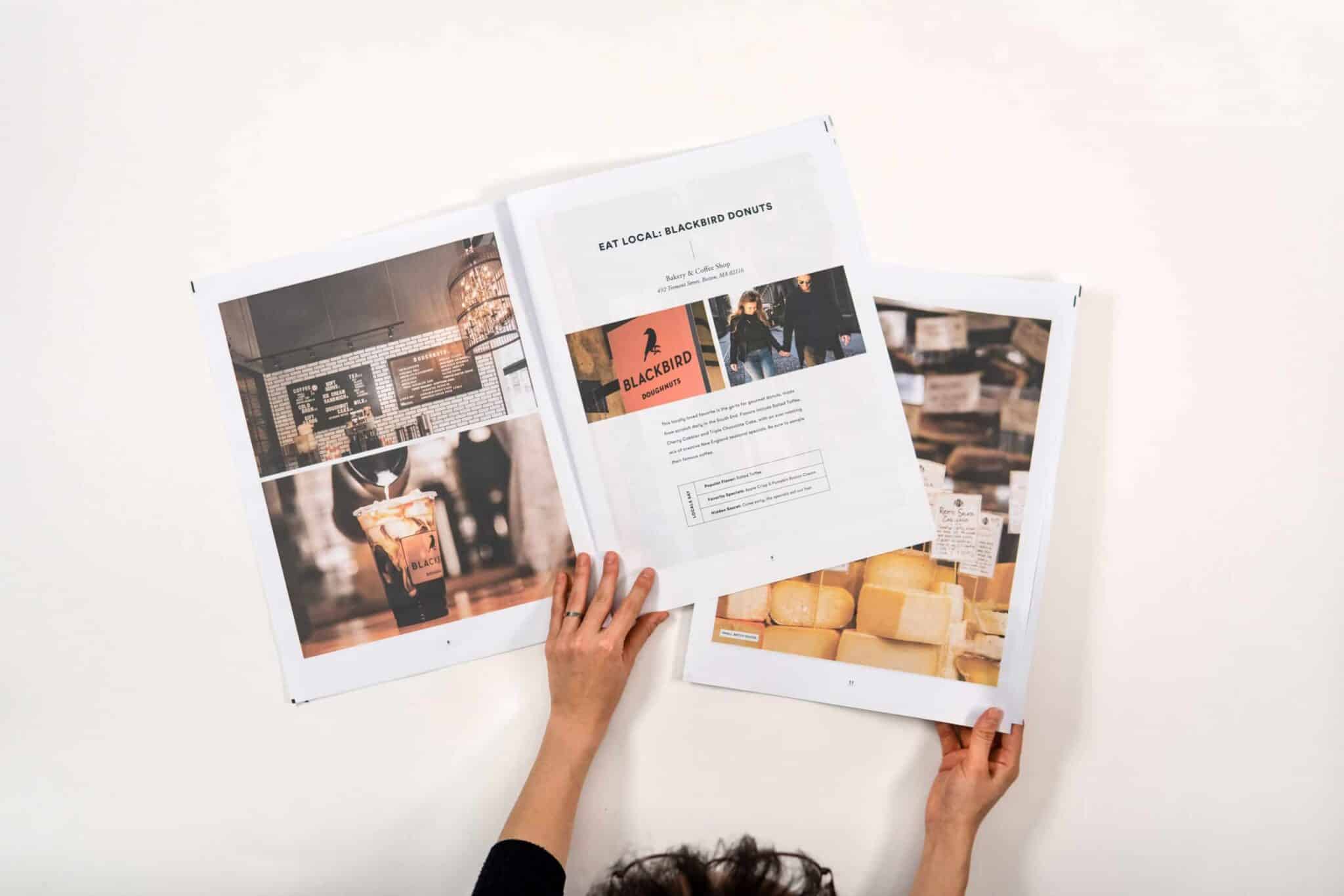 Editorial layout showcasing local eats and drinks with brand features in printed publication