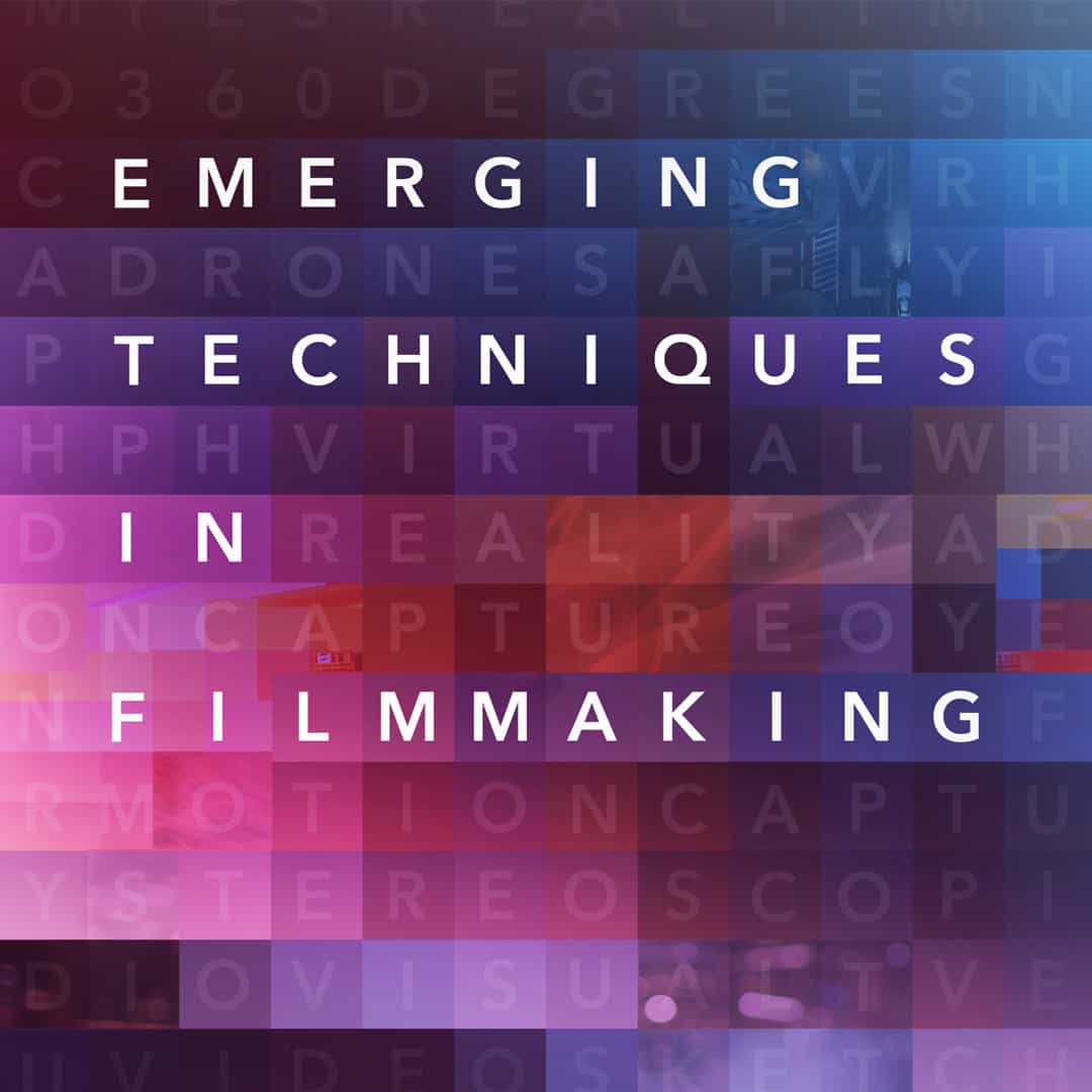 Gradient poster promoting emerging techniques in filmmaking using bold typography and color blocks