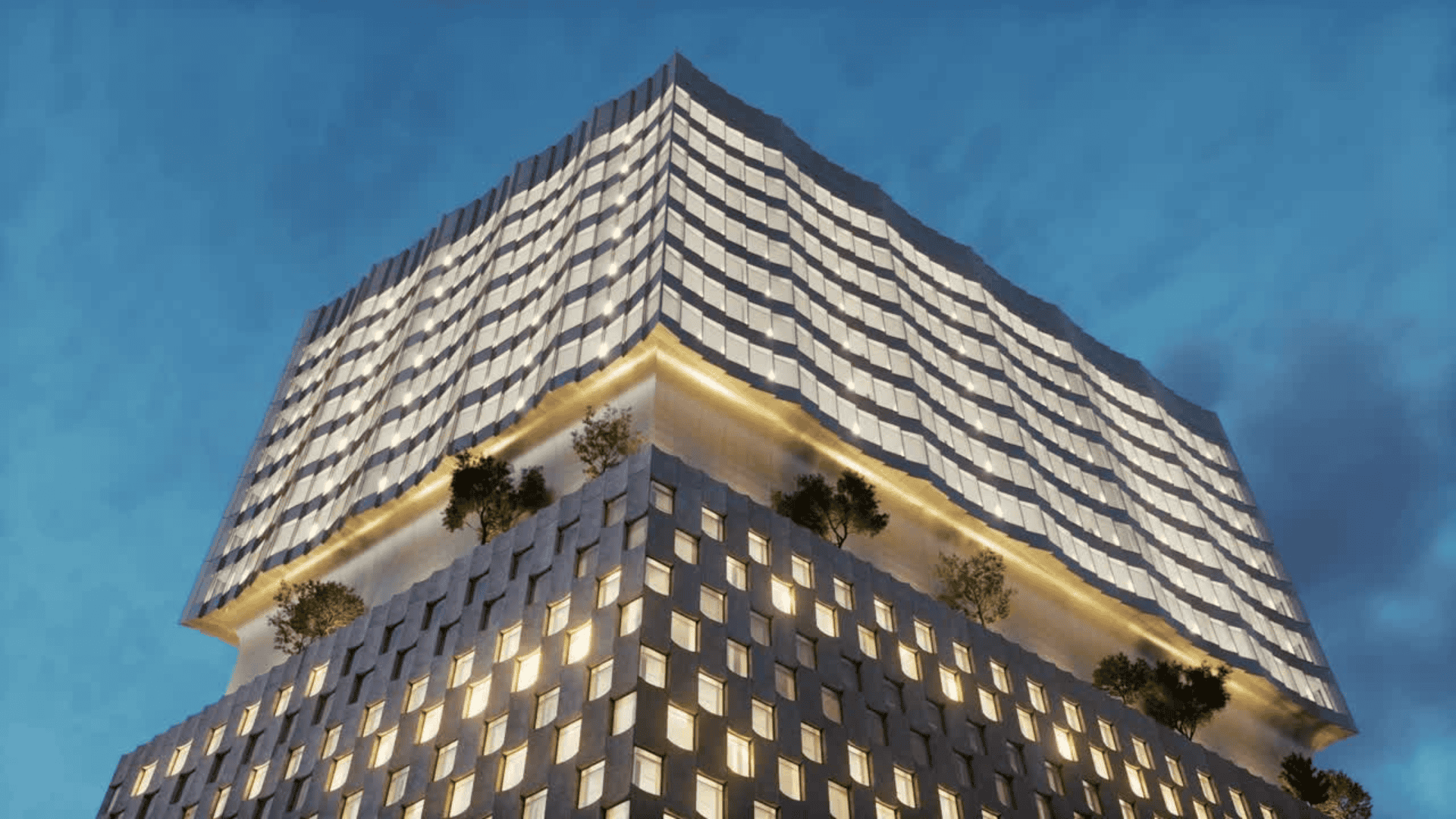 Modern high-rise building rendered with illuminated windows, trees on terrace, and twilight sky