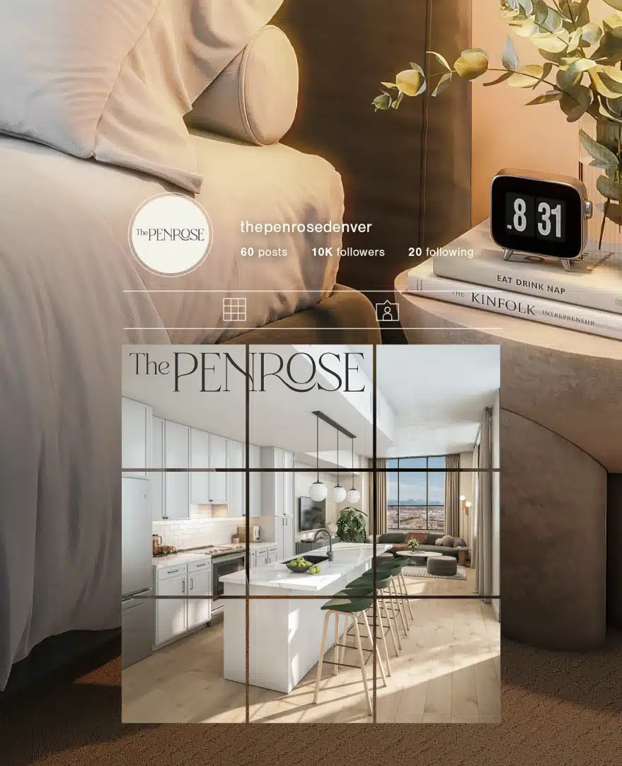 Social media collage of Penrose apartment interior showing kitchen, living room, and decor highlights