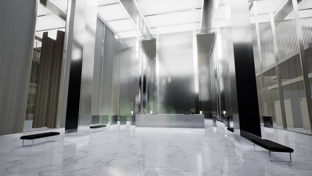 Rendering of luxurious office lobby with marble floors, high ceilings, and sleek metallic columns