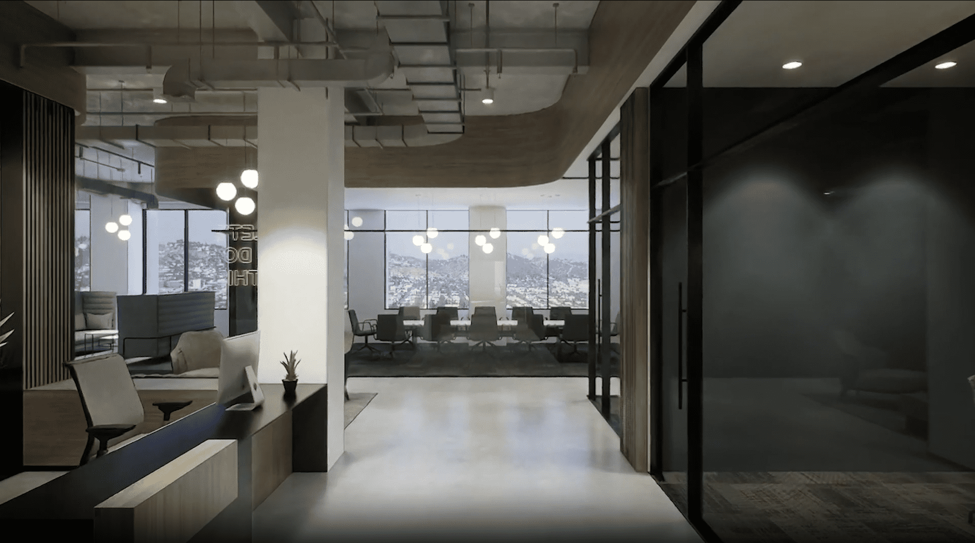 Corporate interior with contemporary aesthetic, glass partitions, and scenic urban skyline views