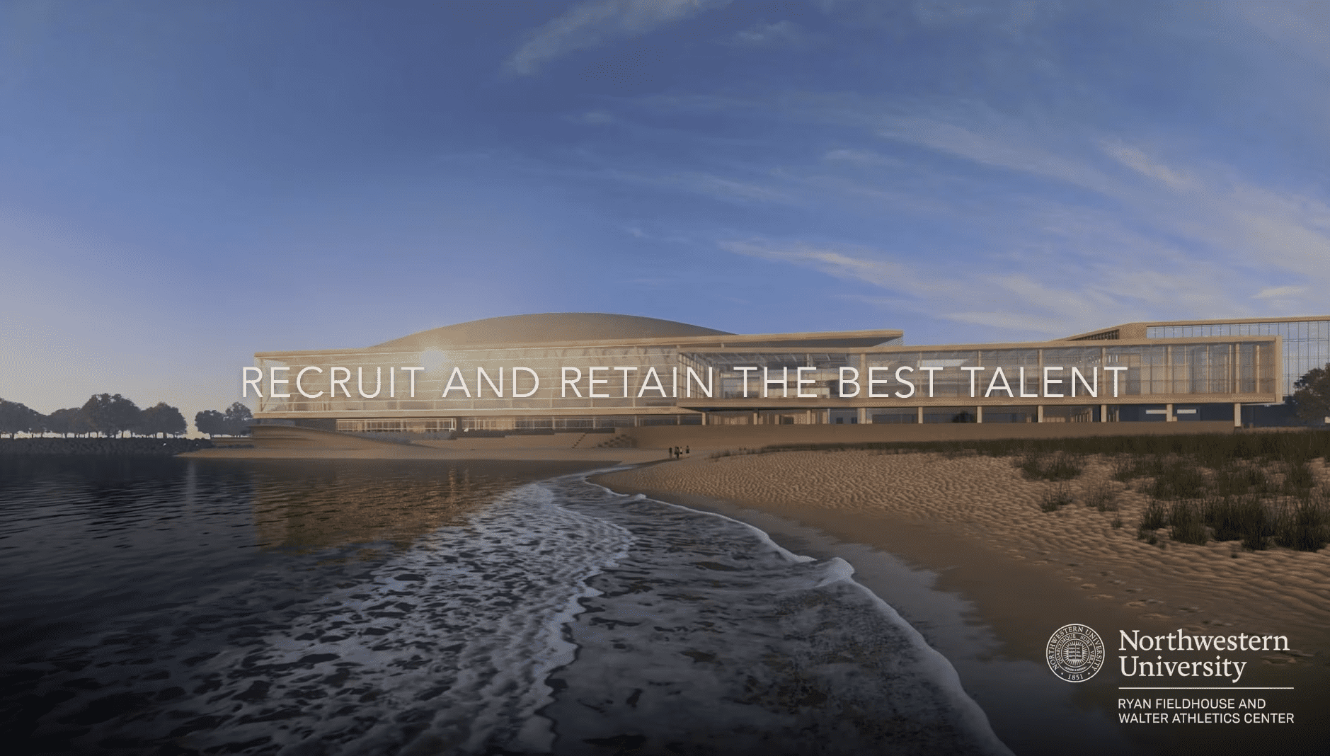 Modern building near waterfront with digital overlay text for Northwestern University athletic facility