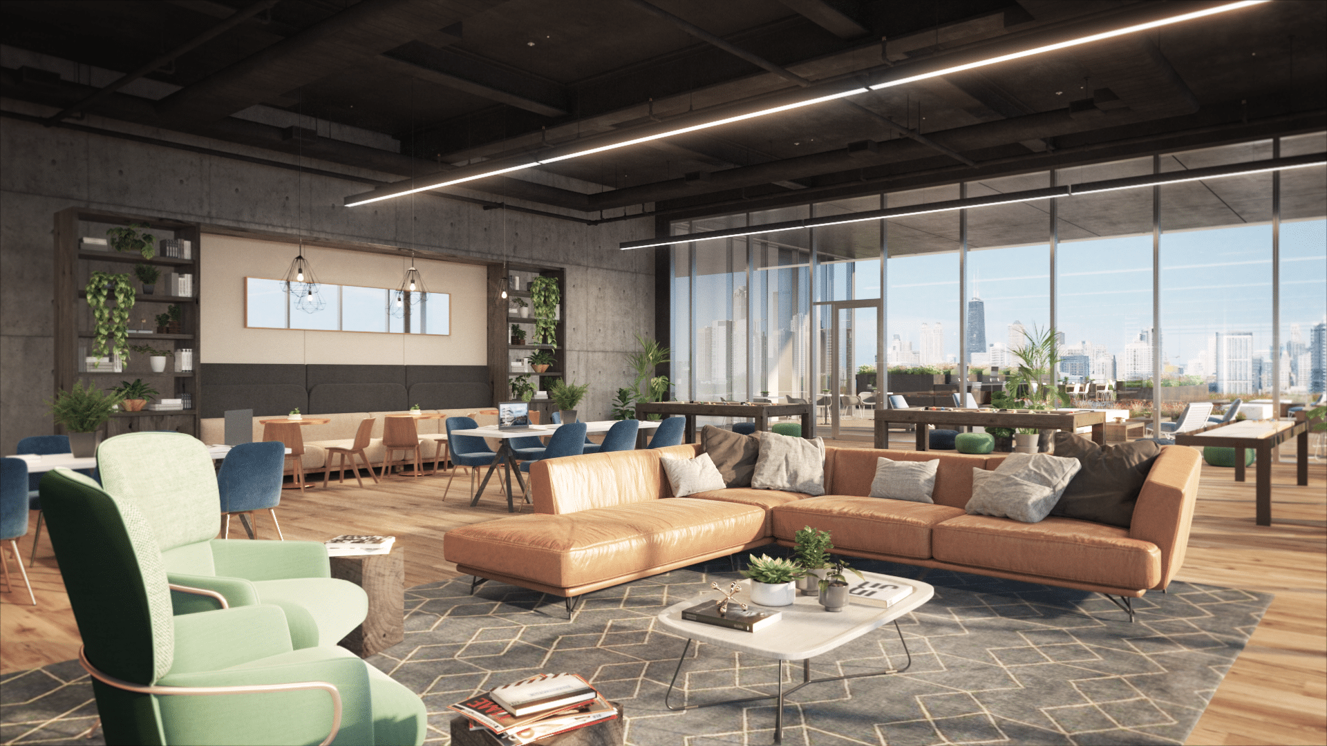 Bright open-concept lounge with city views, eclectic seating, and abundant natural light