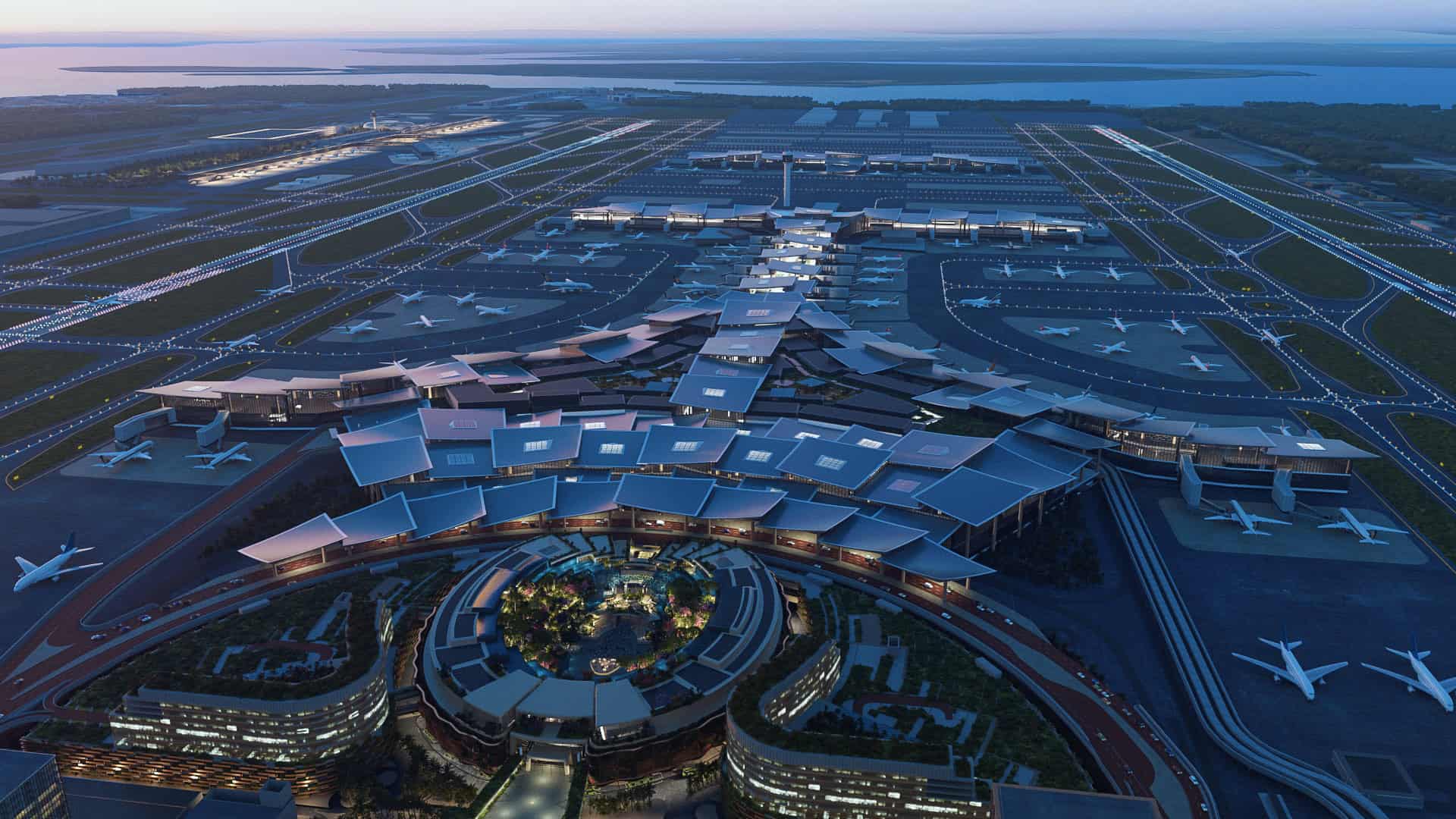 Expansive aerial rendering of futuristic airport terminal layout with multiple aircraft and runways