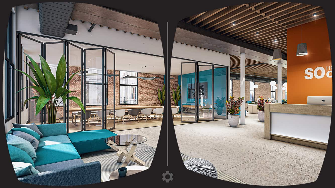 Split VR headset view reveals immersive interior of colorful office space with natural lighting