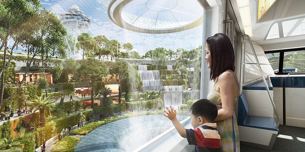 Rendering of woman and child in lush indoor waterfall garden at airport monorail, Jewel Changi