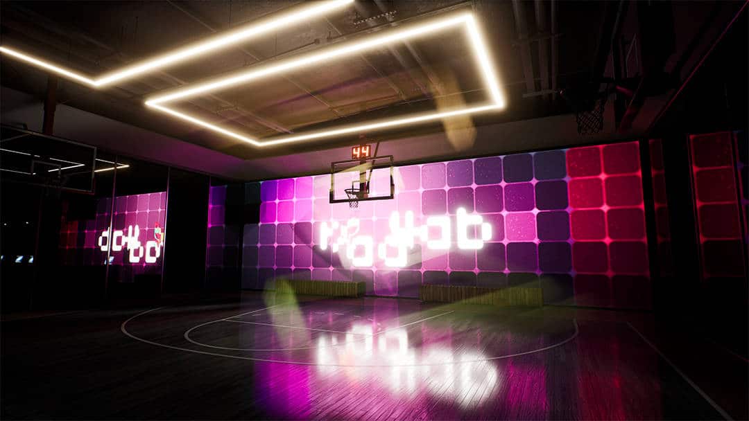 Futuristic indoor basketball court illuminated by LED lights and RADLAB wall screen projection