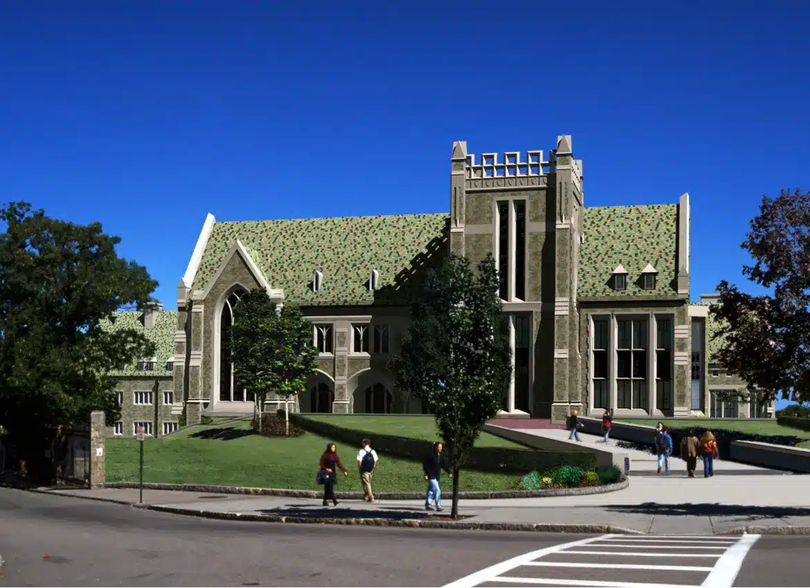 Exterior of Boston College building, 1997, with gothic architecture under clear blue sky