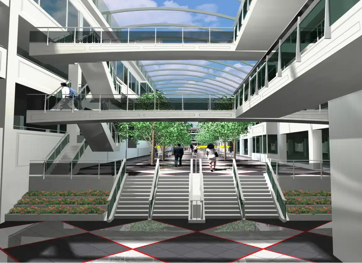 Architectural rendering of modern interior atrium with glass ceiling and green trees