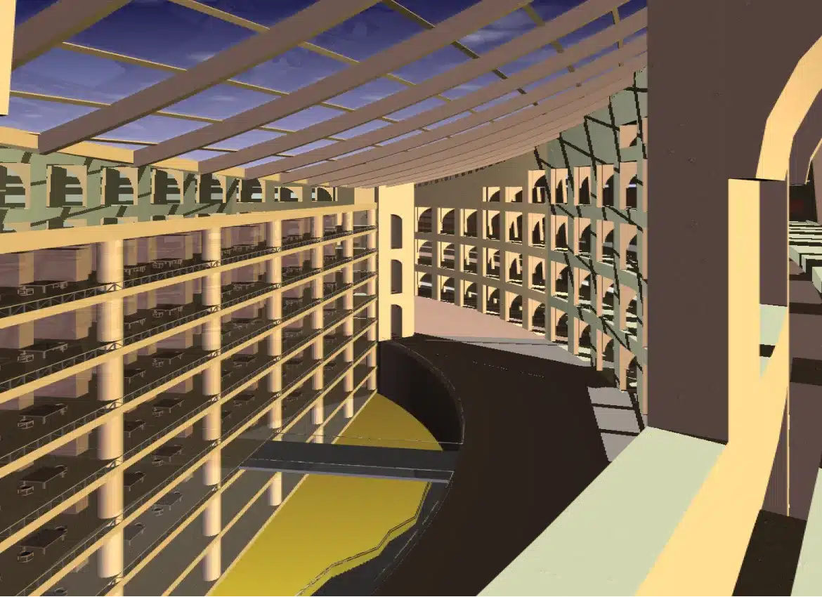 3D architectural rendering of curved glass-roofed atrium with multi-level balconies