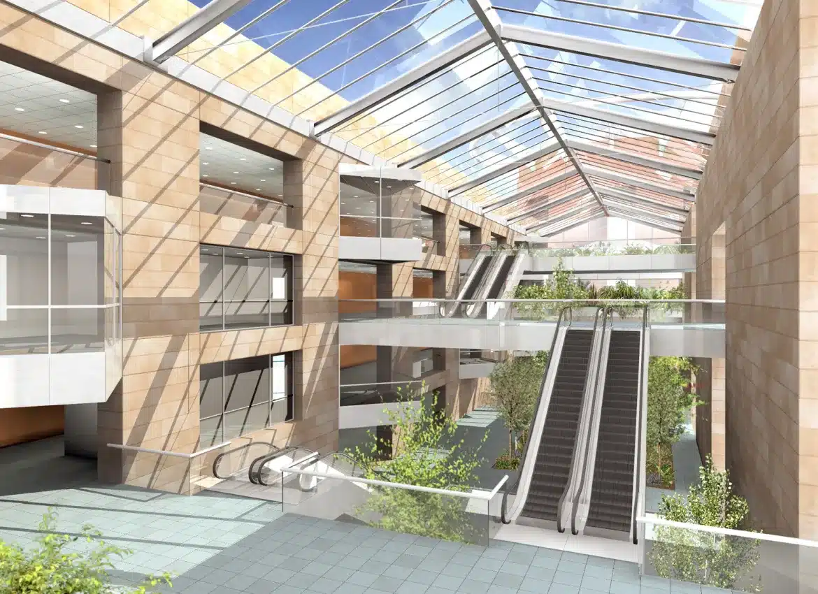Bright atrium interior with glass ceiling, escalators, and lush indoor greenery rendering