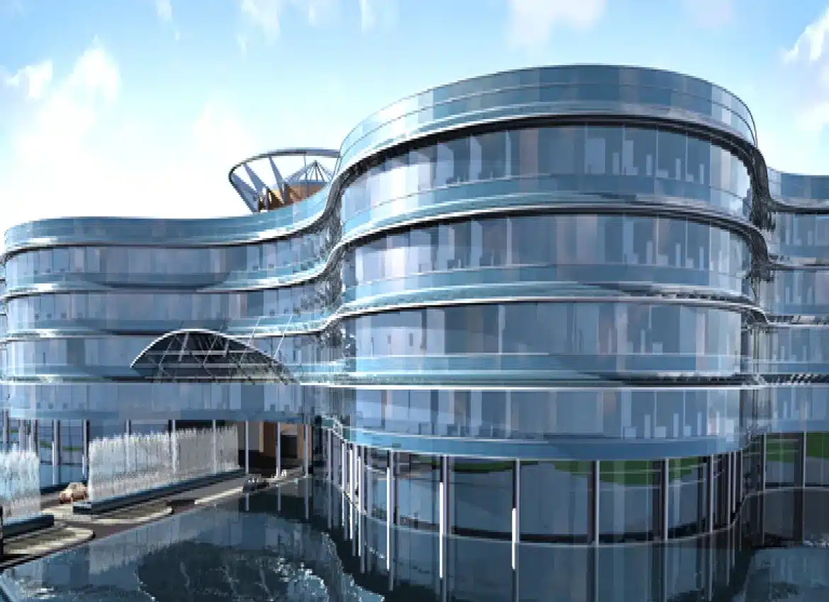 Rendering of futuristic glass building with curved architecture reflecting sunlight over surrounding water feature
