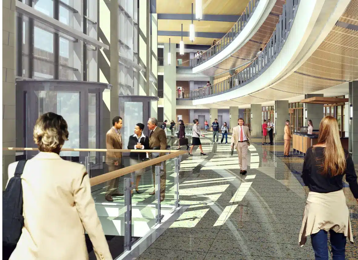 Rendering of Bright office building atrium with people engaging in conversations and walking through lobby