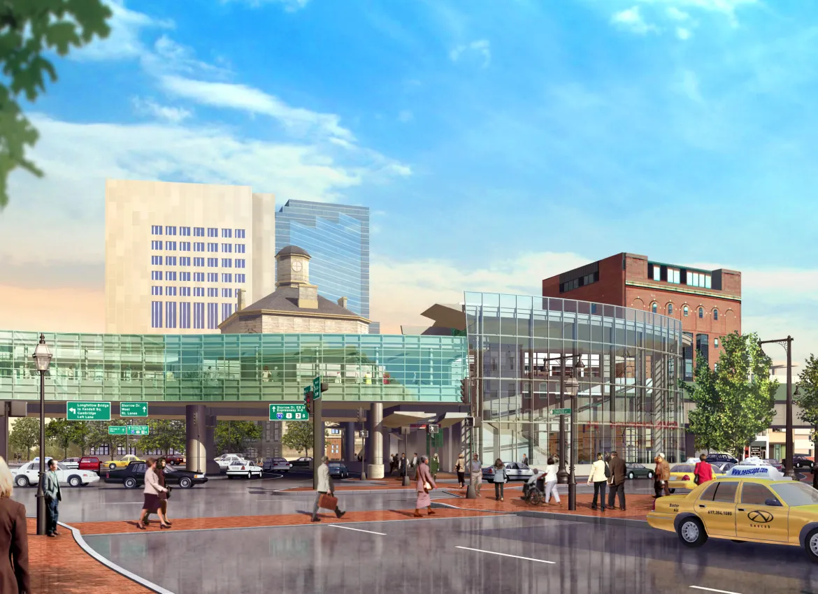Street view with yellow taxi, pedestrians crossing, and contemporary glass architecture against blue sky