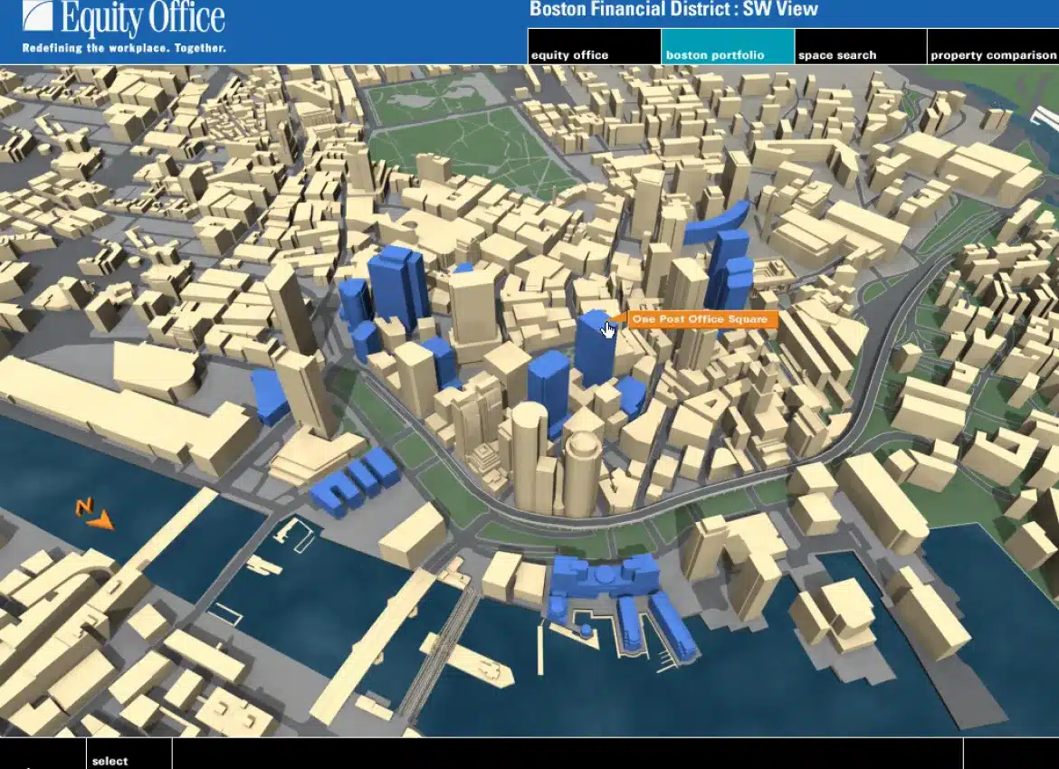 3D map rendering of Boston Financial District highlighting major office towers and waterfront properties