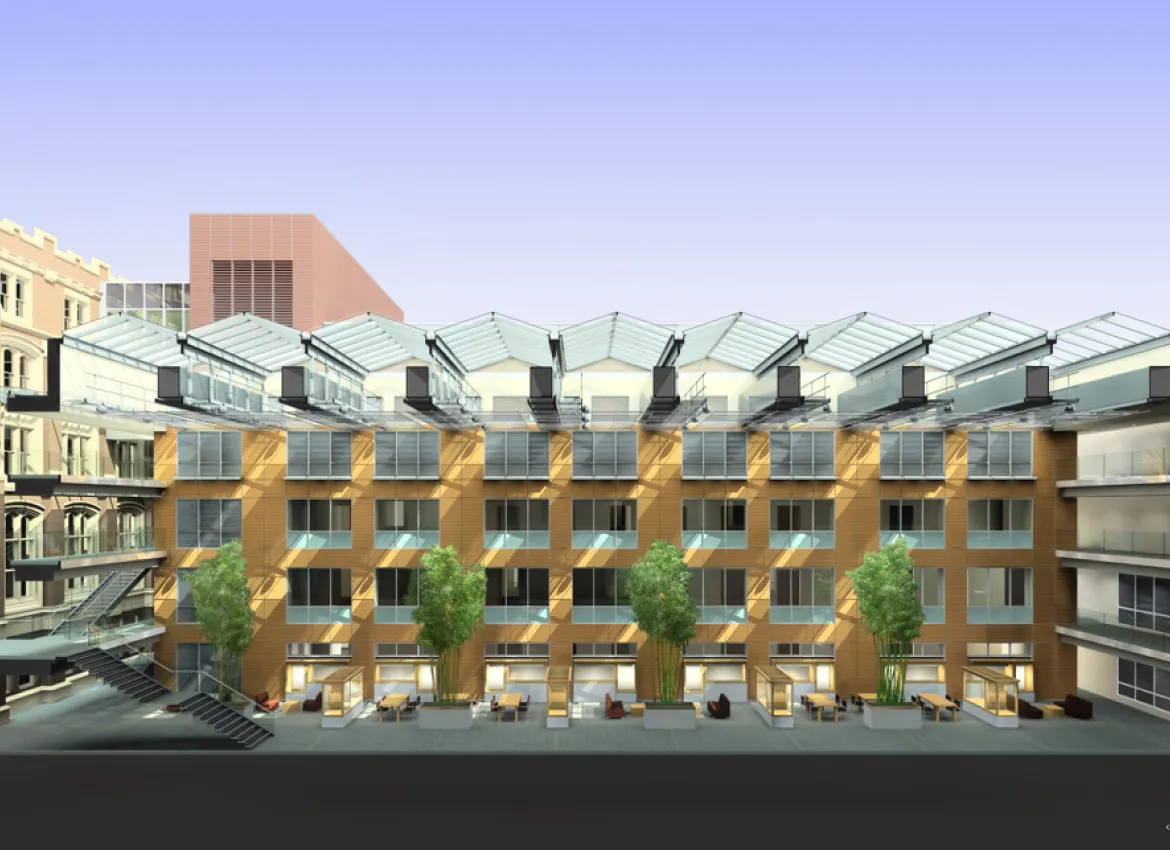 Modern residential building rendering with wooden facade, large glass windows, and rooftop skylights in urban setting